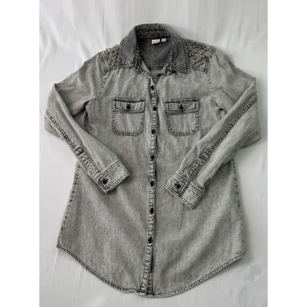 Gray Studded Denim Button Down Shirt Womens Western Rock Chic Long Sleeve Top XS
